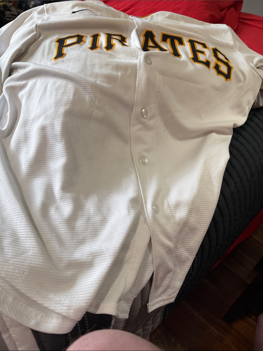 Nike MLB White Pirates Button-Up Hayes Jersey with Black & Gold Script